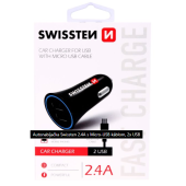 Autonabíjačka Swissten CL 2,4A 2x USB micro USB + apple lightning čierna 