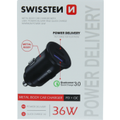 Autonabíjačka SWISSTEN USB QC 3.0 + kábel USB-C (PD iPhone) 36W čierna