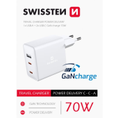 Sieťová nabíjačka Swissten GaN 2x USB-C + 1xUSB 70W, biela