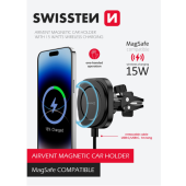 SWISSTEN Magstick Compact, magnetický držiak, bezdrôtové nabíjanie 15W Magsafe, čierny