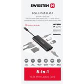 SWISSTEN USB-C HUB 8-IN-1 USB-C 100W, HDMI 4K, LAN RJ45, 2x USB-A, 1x USB-C 5GBps, SD, MICRO SD ALUMINIUM