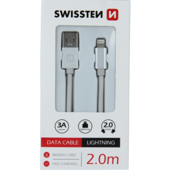 Dátový kábel opletený Swissten USB/Lightning (8 pin) 3.0A, 2.0m strieborný