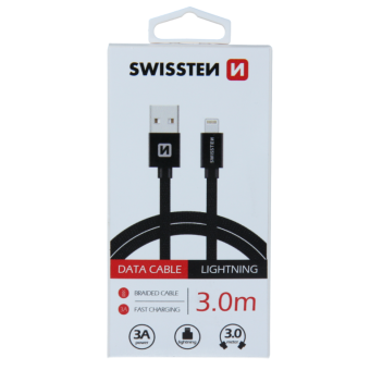 Dátový kábel opletený Swissten USB/Lightning (8 pin) 3.0A, 3.0m čierny