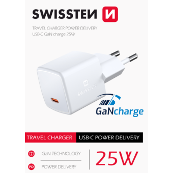Sieťový adaptér mini Swissten GaN USB-C 25W biely