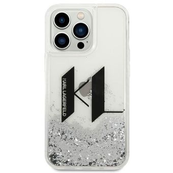 Plastové puzdro Karl Lagerfeld na Apple iPhone 14 Pro KLHCP14LLBKLCS Liguid Glitter Big KL Logo strieborné