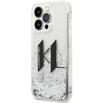 Plastové puzdro Karl Lagerfeld na Apple iPhone 14 Pro KLHCP14LLBKLCS Liguid Glitter Big KL Logo strieborné