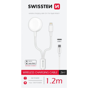 Kábel Swissten 2v1 na Apple Watch, Lightning/USB-C 5W, 1,2m, biely