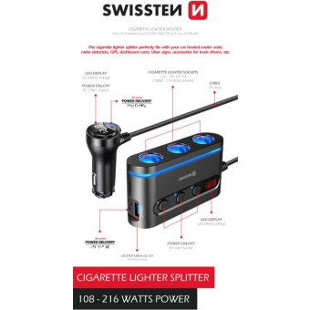 Autonabíjačka SWISSTEN s výstupom 3x CL, 2x UCB-C PD a 1x USB-A QA 3.0, 108W - 216W