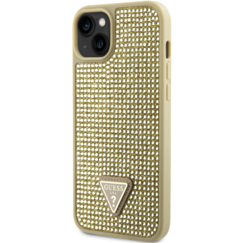 Plastové puzdro Guess na Apple iPhone 14 GUHCP14SHDGTPD Rhinestones Triangle Metal Logo zlaté