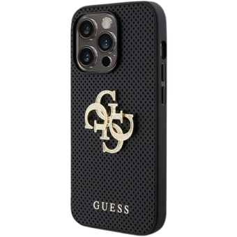 Plastové puzdro Guess na Apple iPhone 15 Pro GUHCP15LPSP4LGK Leather Perforated 4G Glitter Logo čierne