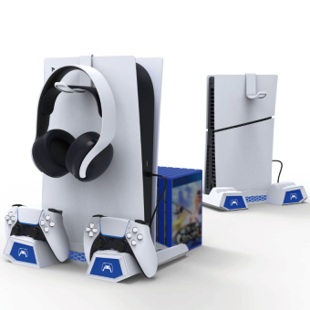 iPega P5S023 RGB, multifunkčný nabíjací stojan s chladením, PS5/PS5 Slim, biely