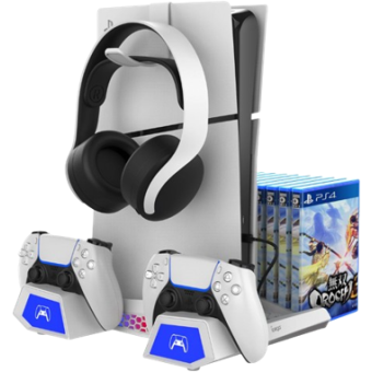 iPega P5S023 RGB, multifunkčný nabíjací stojan s chladením, PS5/PS5 Slim, biely