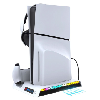 iPega P5S006 RGB, multifunkčný nabíjací stojan s chladením, PS5 Slim, biely