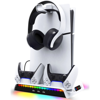 iPega P5S006 RGB, multifunkčný nabíjací stojan s chladením, PS5 Slim, biely