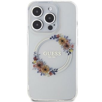 Obal Guess PC/TPU Flowers Ring Glossy Logo MagSafe Apple iPhone 15 Pro GUHMP15LHFWFCT Transparent