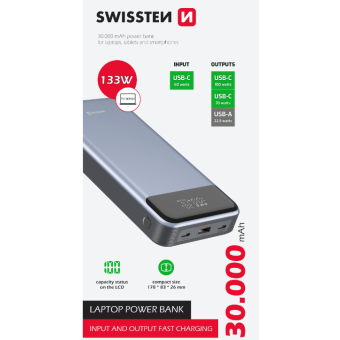 SWISSTEN PowerBank, 30000mAh, Power Delivery 133W, modrá