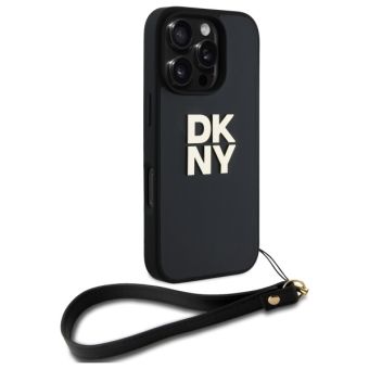 DKNY PU Leather Stack Logo Wrist Strap Zadní Kryt pro iPhone 16 Pro Max Black