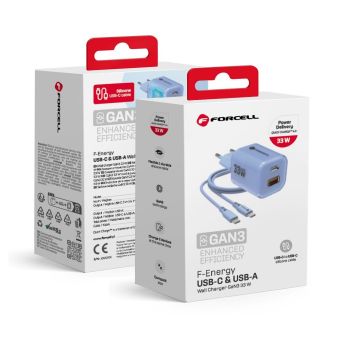 Forcell F-Energy GaN III Crystal Color VT-41, USB-C/USB-A, PD QC4.0 33W + USB-C kábel, modrá