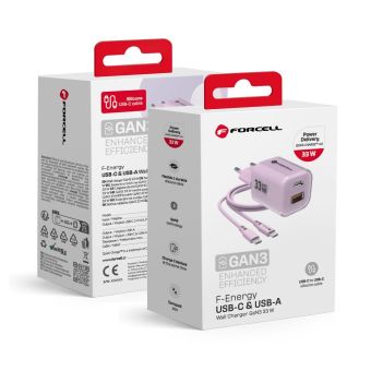 Forcell F-Energy GaN III Crystal Color VT-41, USB-C/USB-A, PD QC4.0 33W + USB-C kábel, fialová