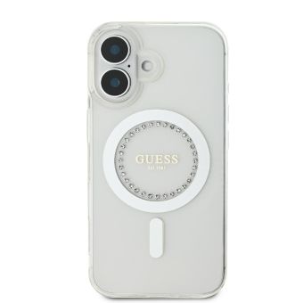 Obal Guess IML Rhinestones Ring MagSafe Apple iPhone 16 GUHMP16SPFTDTEH White