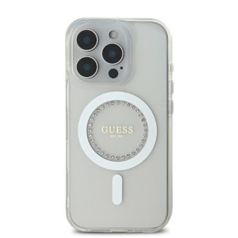 Obal Guess IML Rhinestones Ring MagSafe Apple iPhone 16 Pro Max GUHMP16XPFTDTEH White