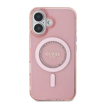 Obal Guess IML Rhinestones Ring MagSafe Apple iPhone 16 GUHMP16SPFTDTEP Pink