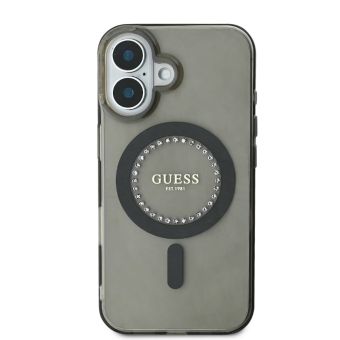 Obal Guess IML Rhinestones Ring MagSafe Apple iPhone 16 GUHMP16SPFTDTEK Black