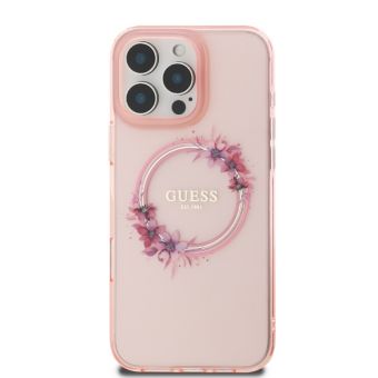 Obal Guess IML Flowers Ring MagSafe Apple iPhone 16 Pro GUHMP16LHFWFCP Pink