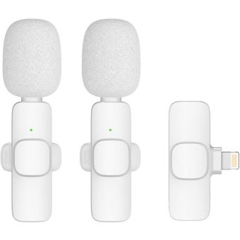 K9 bezdrôtová sada Lavalier mikrofónov pre smartfón, Lightning (2 v sete), biela + clona proti vetru