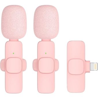 K9 bezdrôtová sada Lavalier mikrofónov pre smartfón, Lightning (2 v sete), ružová + clona proti vetru