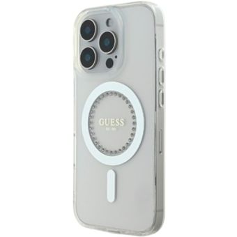Obal Guess IML Rhinestones Ring MagSafe Apple iPhone 16 Pro GUHMP16LPFTDTEH White