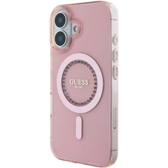 Obal Guess IML Rhinestones Ring MagSafe Apple iPhone 16 GUHMP16SPFTDTEP Pink