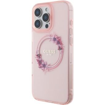 Obal Guess IML Flowers Ring MagSafe Apple iPhone 16 Pro GUHMP16LHFWFCP Pink