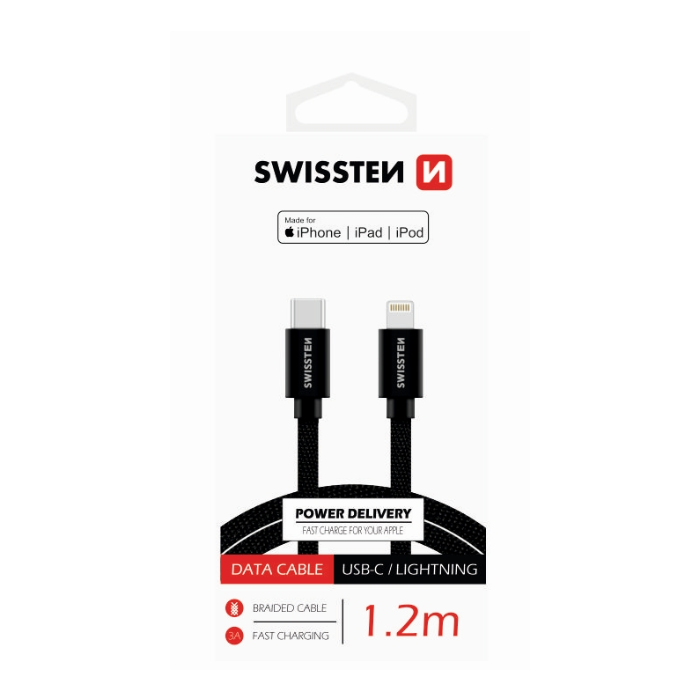 Dátový kábel Swissten Textile USB-C/lightning Mfi 1,2 m čierny