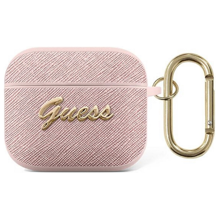 Silikónové puzdro Guess na Apple AirPods 3 GUA3SASMP 4G Saffiano PC/PU Metal Logo ružové