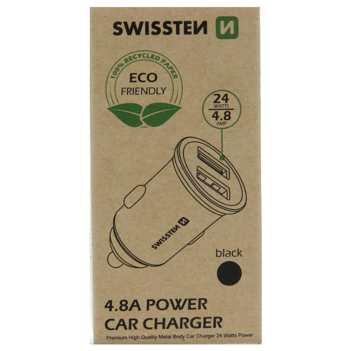 Autonabíjačka SWISSTEN 2x USB 4.8A, 24W Metal Mini - čierna (ECO balenie) 