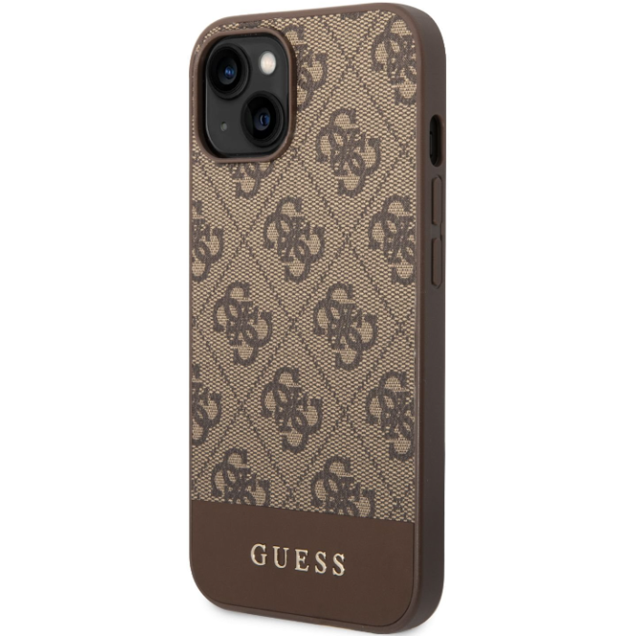 Plastové puzdro Guess na Apple iPhone 14 GUHCP14SG4GLBR 4G Stripe hnedé
