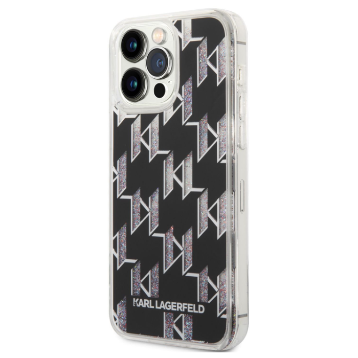 Plastové puzdro Karl Lagerfeld na Apple iPhone 14 Pro Max KLHCP14XLMNMK Monogram Liquid Glitter čierne