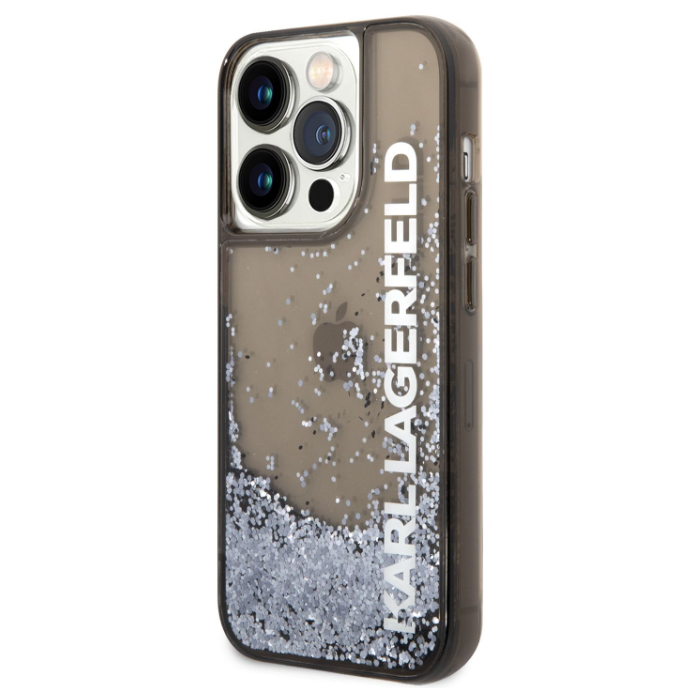 Plastové puzdro Karl Lagerfeld na Apple iPhone 14 Pro KLHCP14LLCKVK Translucent Liquid Glitter čierne