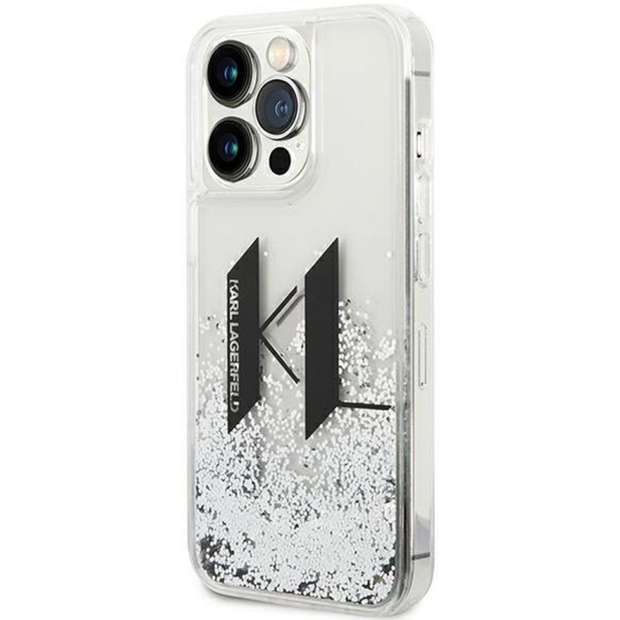 Plastové puzdro Karl Lagerfeld na Apple iPhone 14 Pro KLHCP14LLBKLCS Liguid Glitter Big KL Logo strieborné