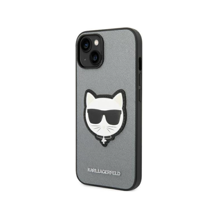 Plastové puzdro Karl Lagerfeld na Apple iPhone 14 Pro KLHCP14LSAPCHG PU Saffiano Choupette Head Patch strieborné