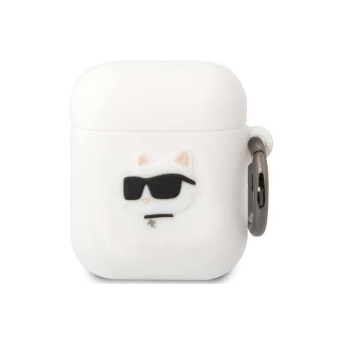 Silikónové puzdro Karl Lagerfeld na Apple AirPods 1 / 2 KLA2RUNCHH 3D Choupette Head Logo NFT biele