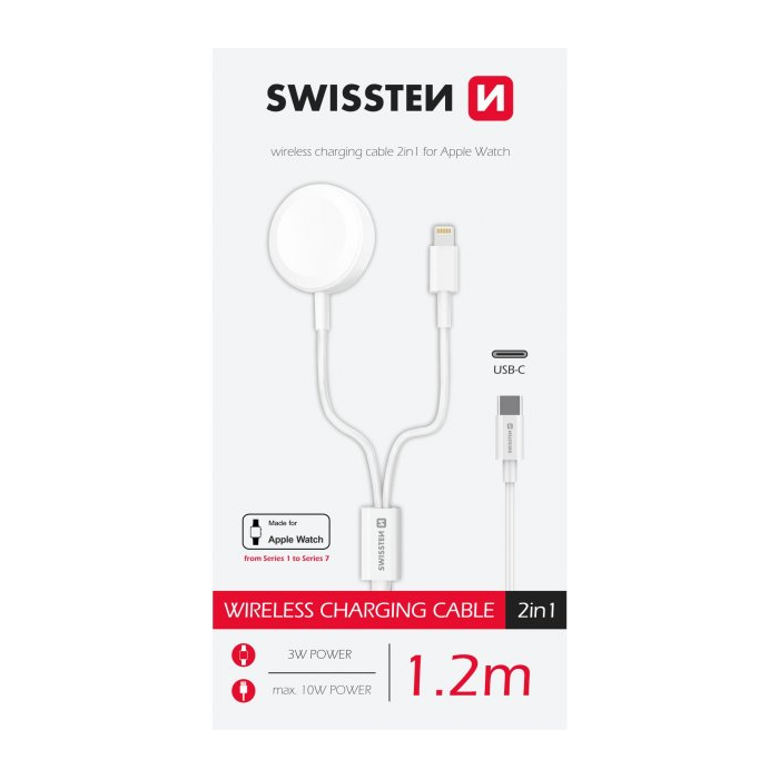 Kábel Swissten 2v1 na Apple Watch, Lightning/USB-C 5W, 1,2m, biely