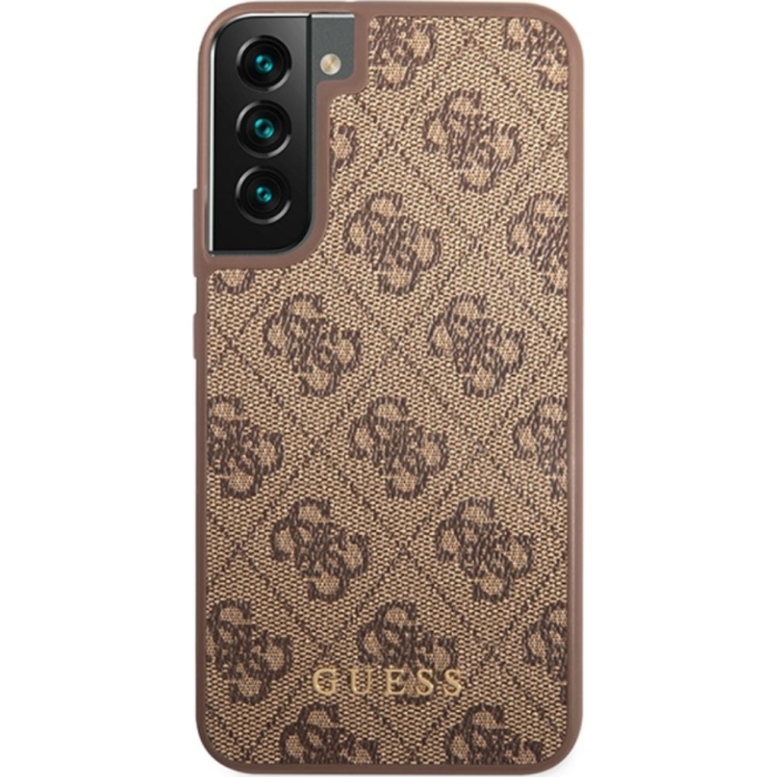 Plastové puzdro Guess na Samsung Galaxy S23 5G S911 GUHCS23SG4GFBR 4G Metal Gold Logo hnedé