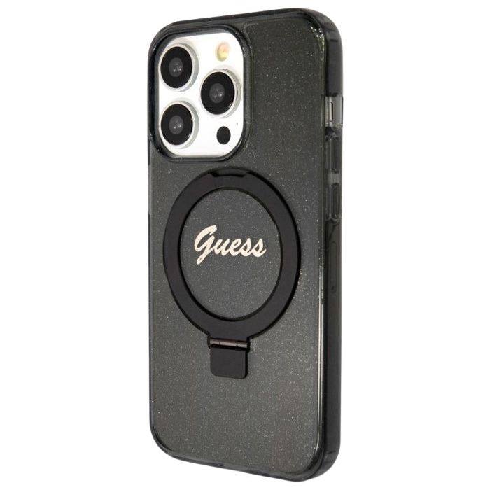 Obal Guess IML Ring Stand Glitter MagSafe Apple iPhone 15 Pro Max GUHMP15XHRSGSK Black