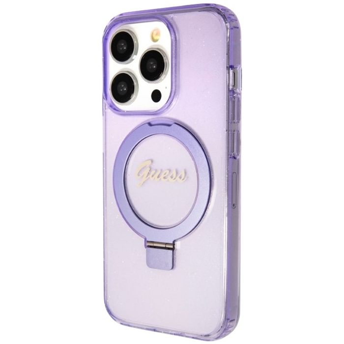 Obal Guess IML Ring Stand Glitter MagSafe Apple iPhone 15 Pro GUHMP15LHRSGSU Purple