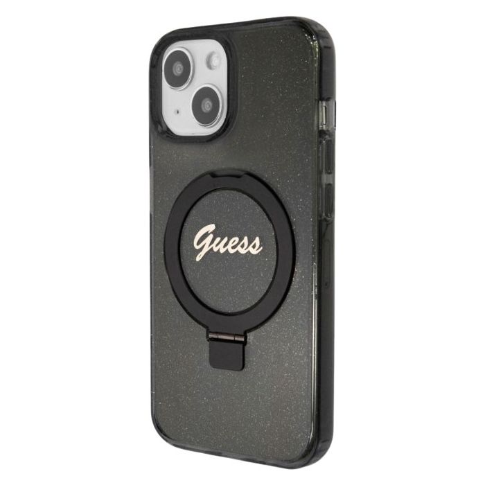 Obal Guess IML Ring Stand Glitter MagSafe Apple iPhone 15 GUHMP15SHRSGSK Black
