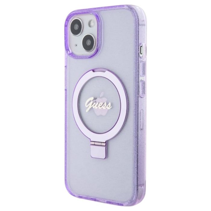 Obal Guess IML Ring Stand Glitter MagSafe Apple iPhone 15 Plus GUHMP15MHRSGSU Purple