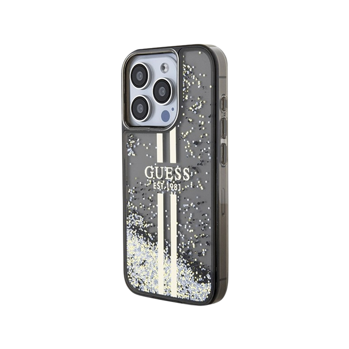 Plastové puzdro Guess na Apple iPhone 15 Pro GUHCP15LLFCSEGK Liquid Glitter Gold Stripe čierne