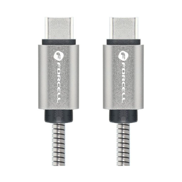 Forcell F-Energy E-Mark Metal C239, USB-C na USB-C, QC4.0 5A/20V PD100W, 1m, strieborný